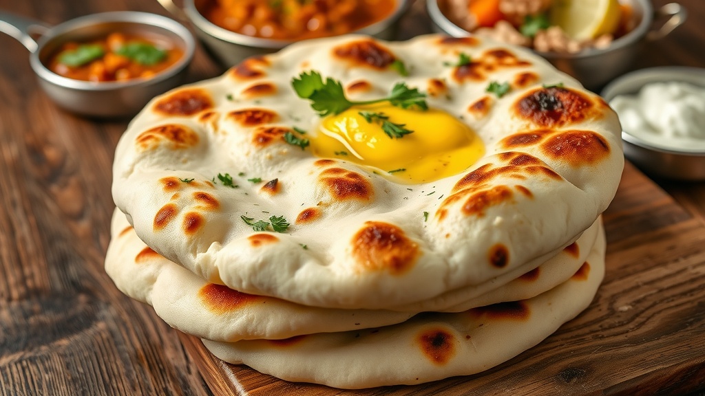 Fluffy Homemade Naan Bread Recipe Stack of warm, fluffy naan bread on a wooden table, served with curry and yogurt.
